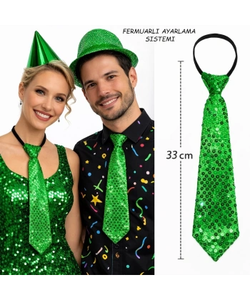 Yeşil Renk Pul Payetli Işıltılı Parti Kravatı 33 Cm