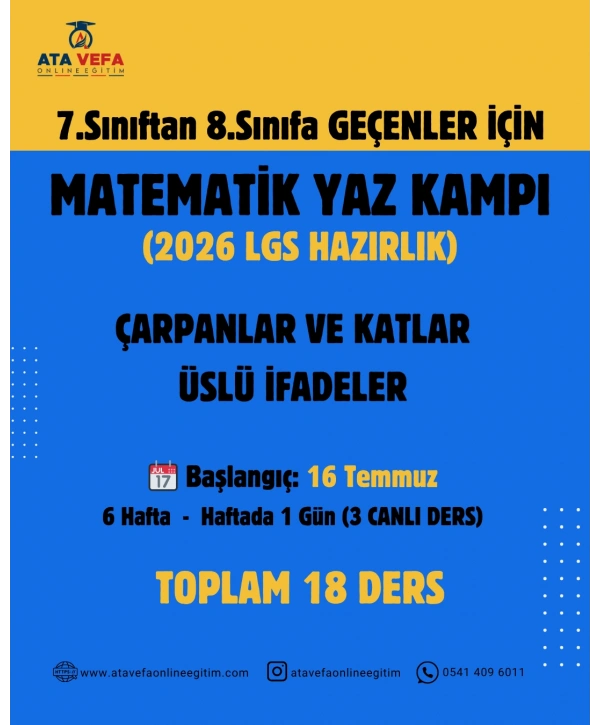 7.Sınıftan 8.Sınıfa Geçenler İçin MATEMATİK YAZ KAMPI