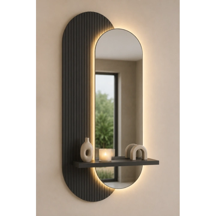 LED Aydınlatmalı Dekoratif Aynalı Dresuar – Raflı MDF Panel
