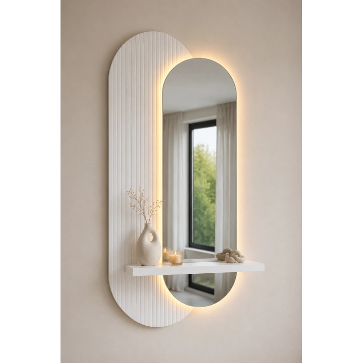 LED Aydınlatmalı Dekoratif Aynalı Dresuar – Raflı MDF Panel