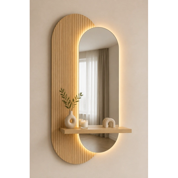 LED Aydınlatmalı Dekoratif Aynalı Dresuar – Raflı MDF Panel