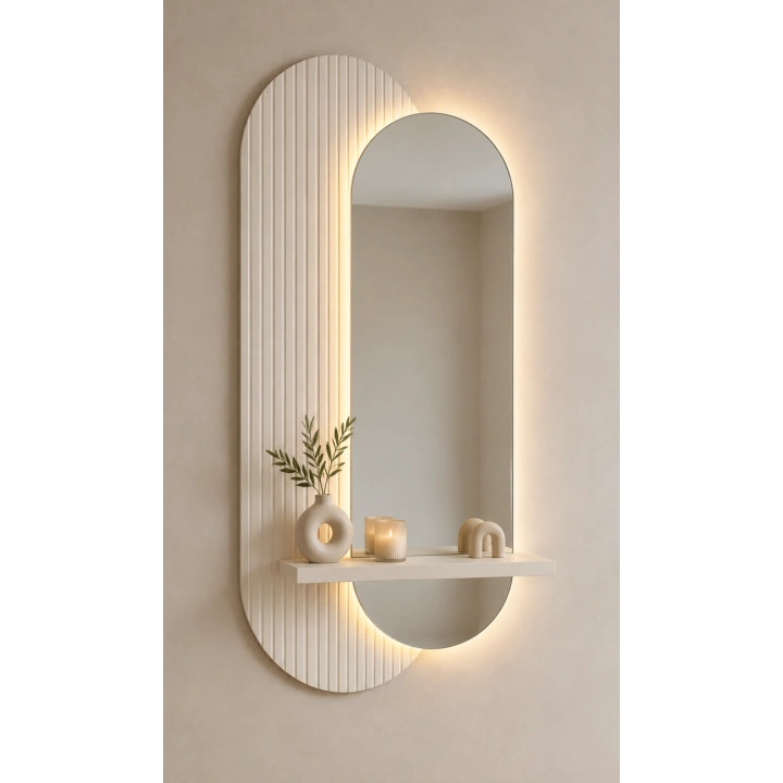 LED Aydınlatmalı Dekoratif Aynalı Dresuar – Raflı MDF Panel