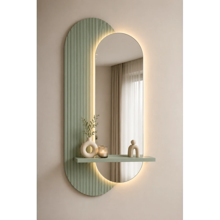 LED Aydınlatmalı Dekoratif Aynalı Dresuar – Raflı MDF Panel
