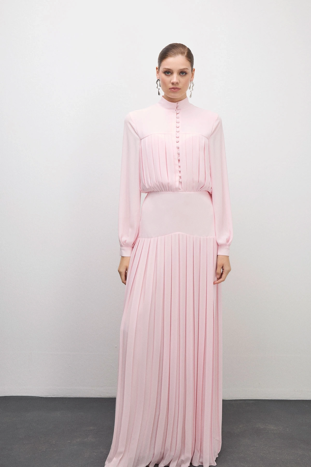 Beheen Pileli Elbise Pudra