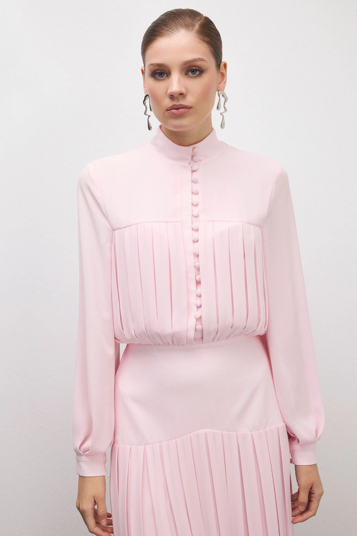 Beheen Pileli Elbise Pudra