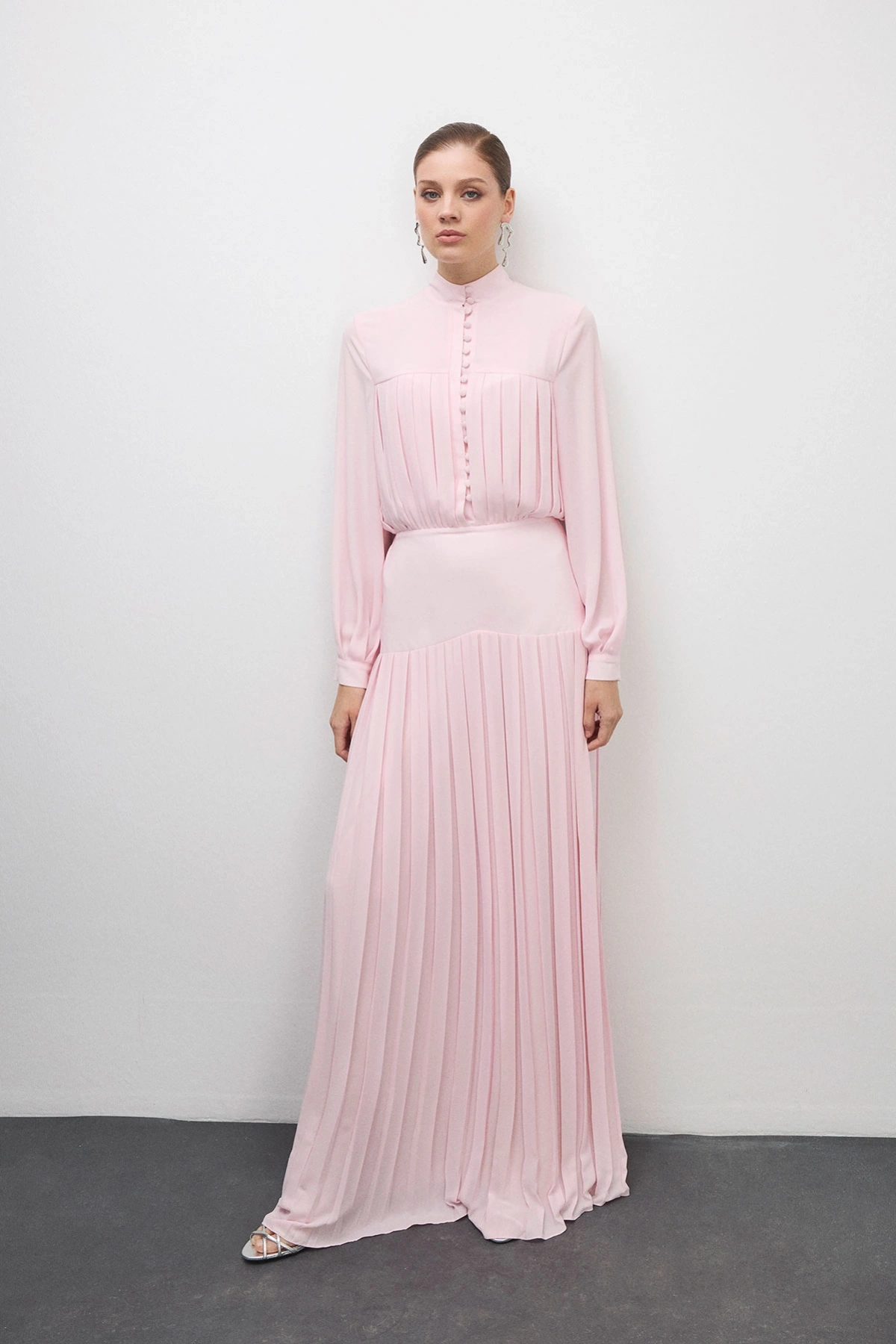 Beheen Pileli Elbise Pudra