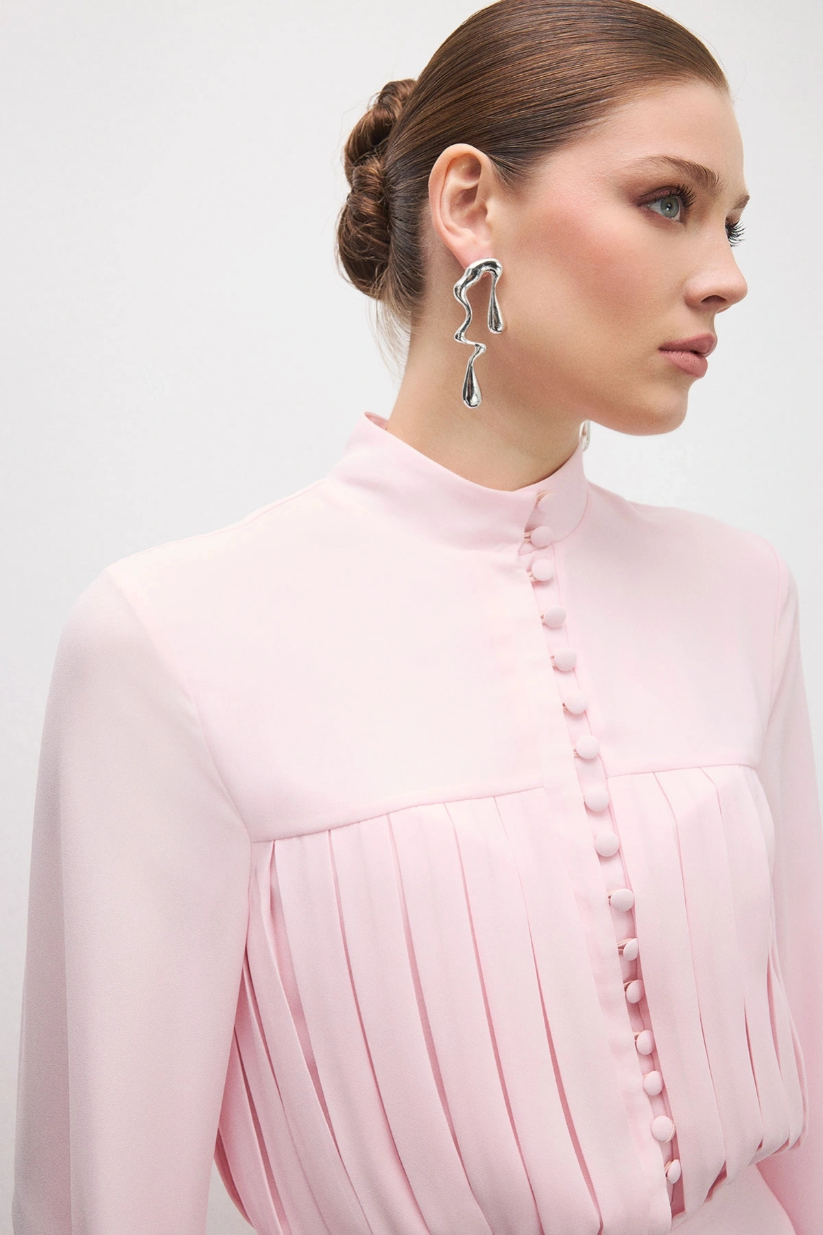 Beheen Pileli Elbise Pudra