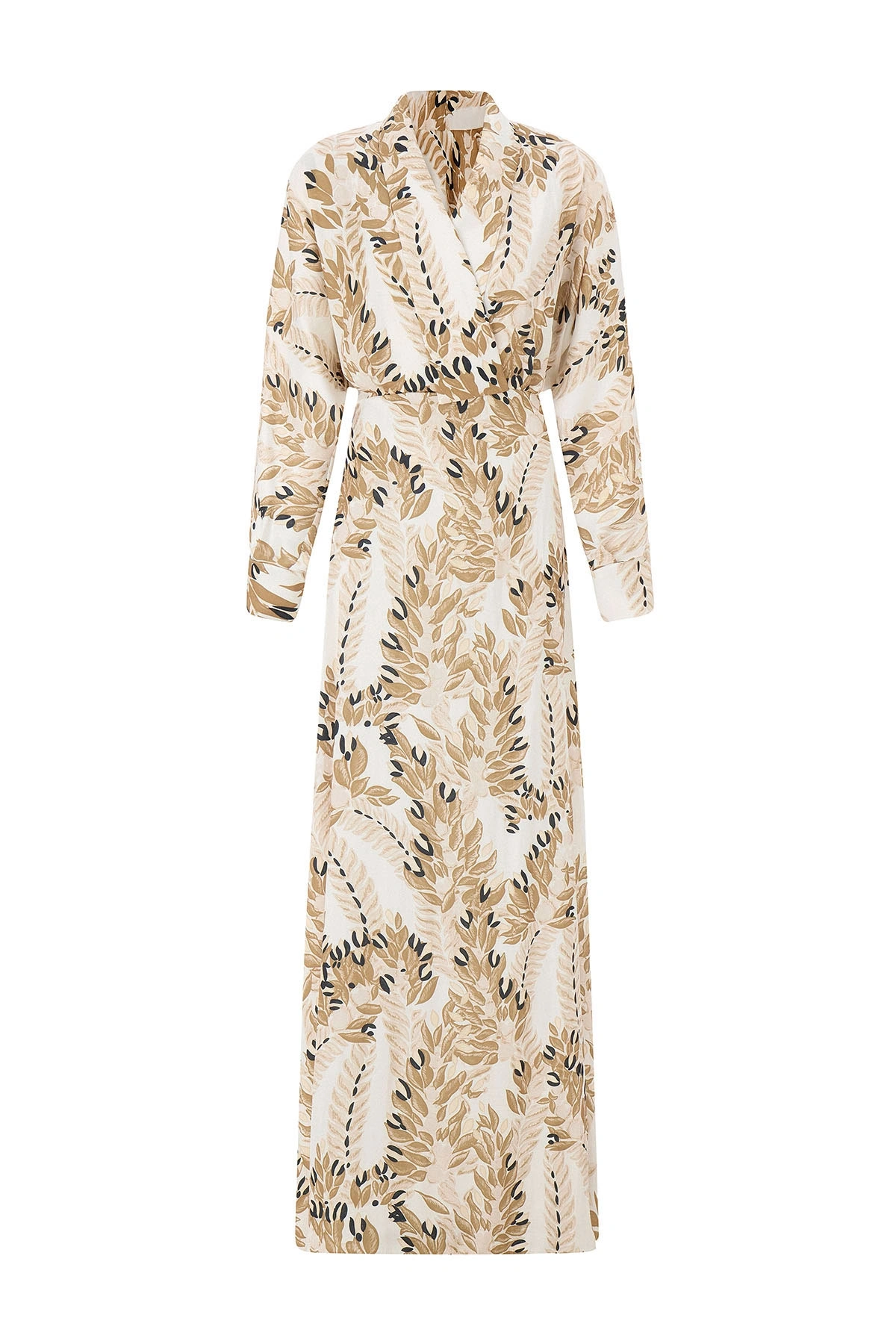 Velour Floral Desenli Elbise Bej