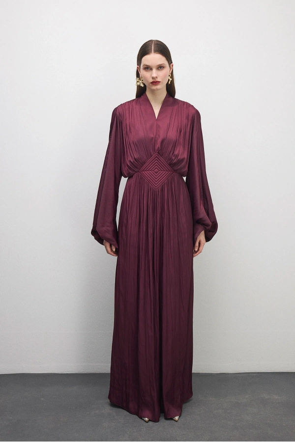 Elen Nakışlı Elbise Mürdüm