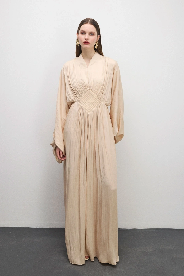 Elen Nakışlı Elbise Krem