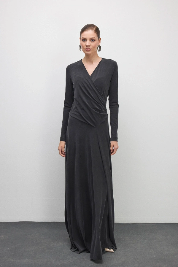 Alen Drapeli V Yaka Elbise Siyah