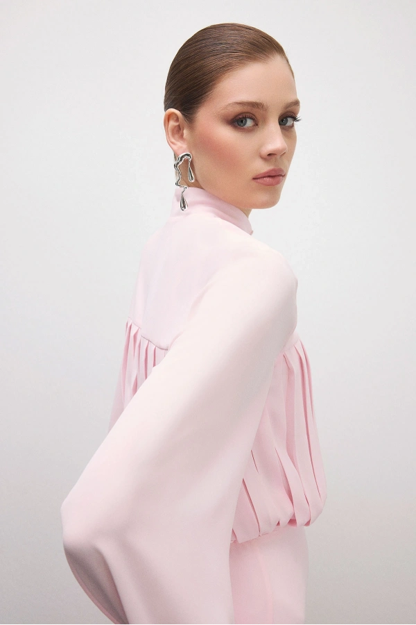 Beheen Pileli Elbise Pudra