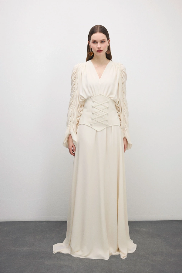 Breeze Drapeli Elbise Bej