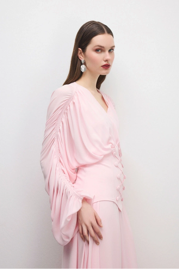 Breeze Drapeli Elbise Pudra