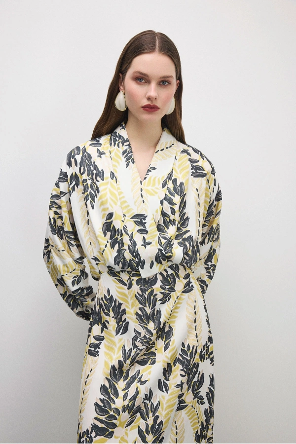 Velour Floral Desenli Elbise Asit