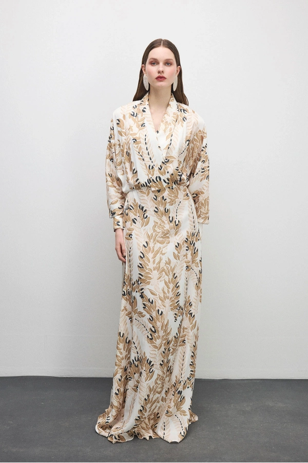 Velour Floral Desenli Elbise Bej