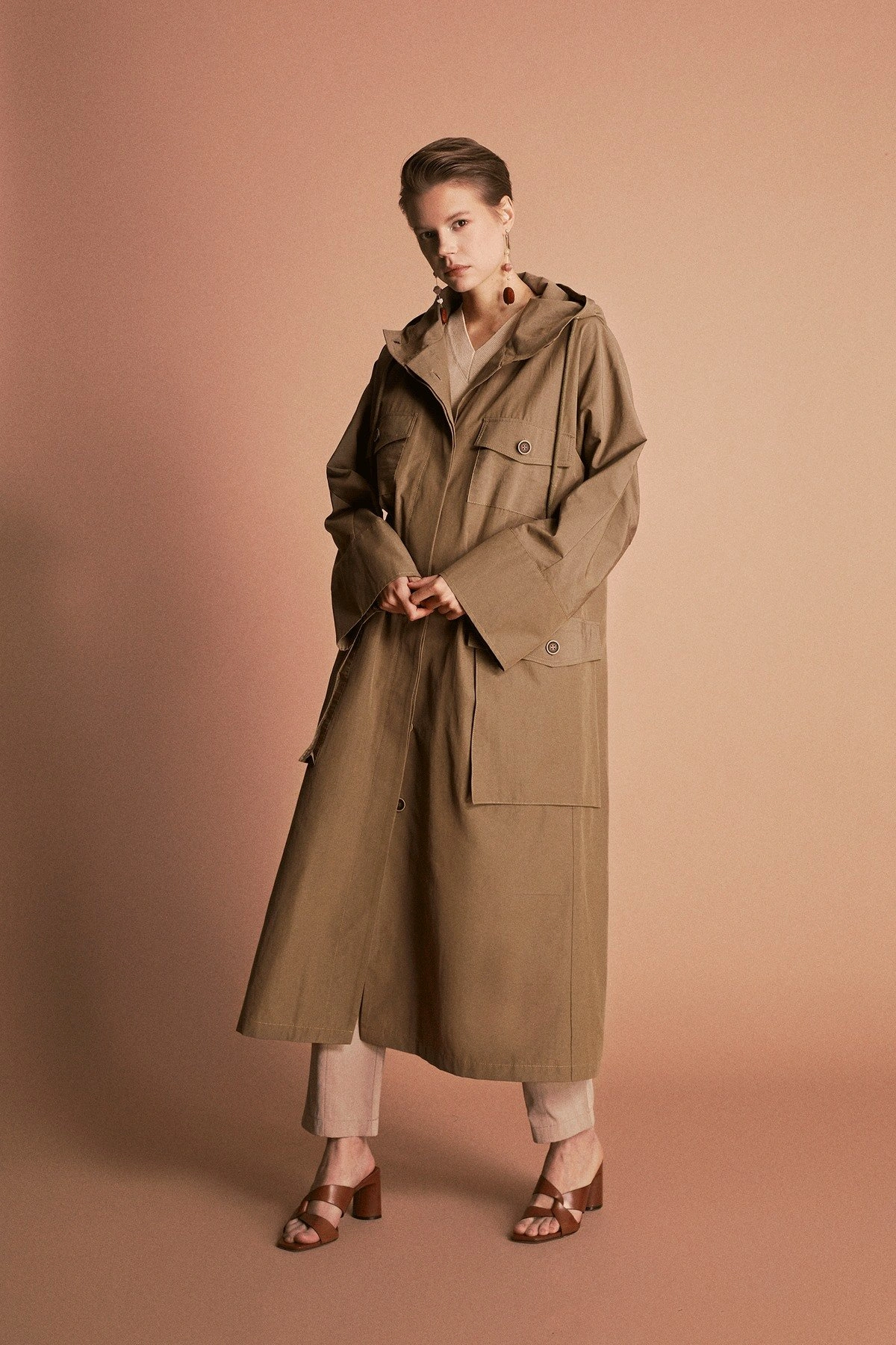 Case Hooded Trench Coat Khaki