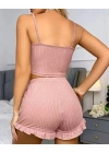 Kadın Pudra Dantel Detaylı Şortlu Gecelik Pijama Takımı 5015