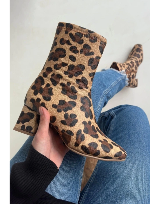 Birta Leopar Cilt Streç Topuklu Bot