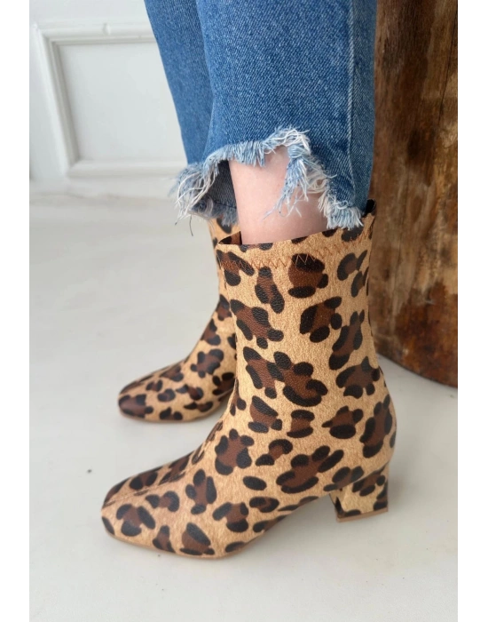 Birta Leopar Cilt Streç Topuklu Bot