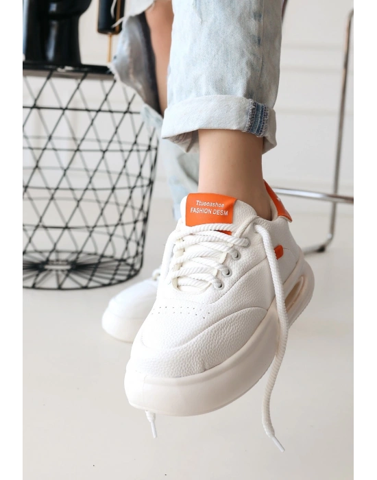 Chris Beyaz Cilt Turuncu Detaylı Bağcıklı Spor Ayakkabı