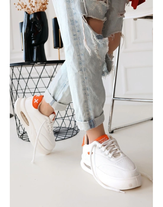 Chris Beyaz Cilt Turuncu Detaylı Bağcıklı Spor Ayakkabı