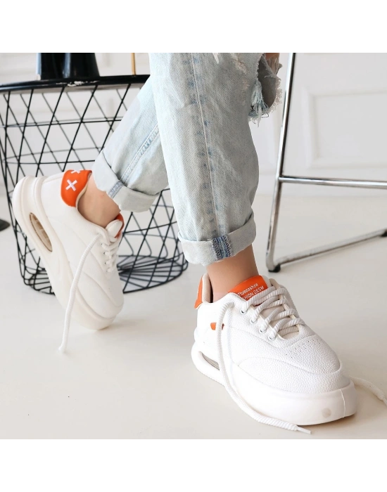 Chris Beyaz Cilt Turuncu Detaylı Bağcıklı Spor Ayakkabı