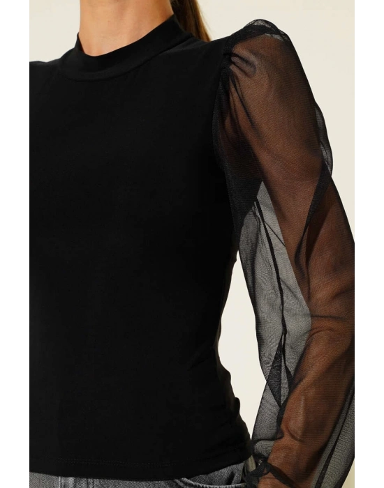 Dik yaka tül kollu bluz siyah t3066