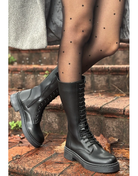 Dorin Siyah Cilt Bağcıklı Çizme