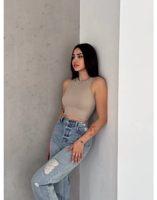 fitilli kaşkorse yakası zincirli atlet vizon