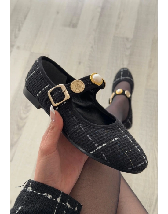 Hante Siyah Keten Taşlı Babet Ayakkabı