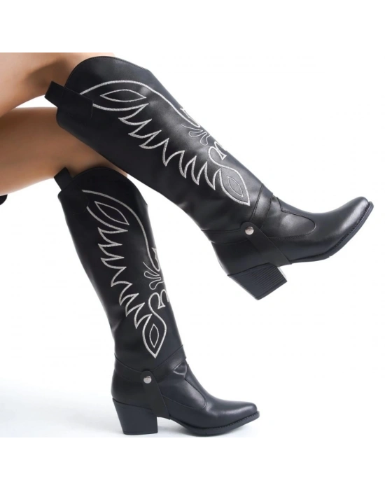 Jilla Siyah Cilt Tak Çıkar Topuklu Bot Ve Çizme