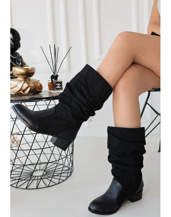 Jolin Siyah Cilt Süet Detaylı Çizme