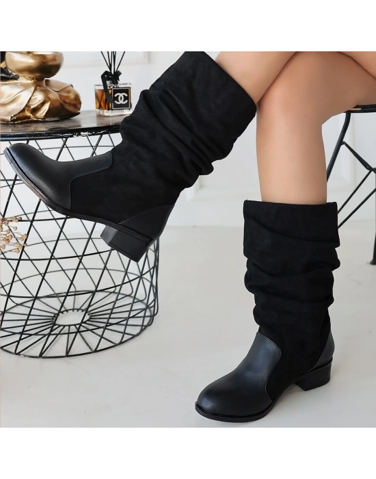 Jolin Siyah Cilt Süet Detaylı Çizme