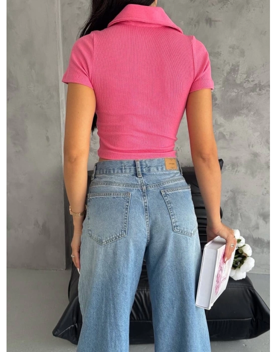 kaşkorse yaka fermuarlı bluz fuşya