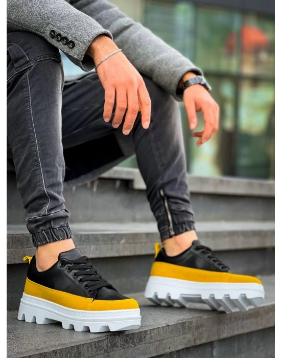 KB-056 Kuback Siyah Sarı Detaylı Beyaz Yüksek Taban Günlük Spor Ayakkabı