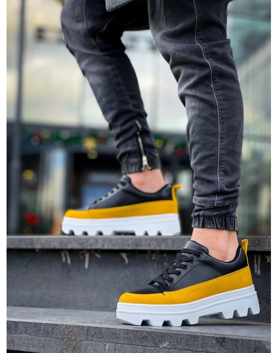 KB-056 Kuback Siyah Sarı Detaylı Beyaz Yüksek Taban Günlük Spor Ayakkabı