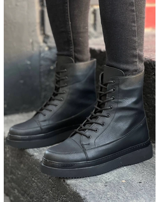 KB-0991  Kuback Siyah Cilt Siyah Yüksek Taban  Bağcıklı  Postal Bot