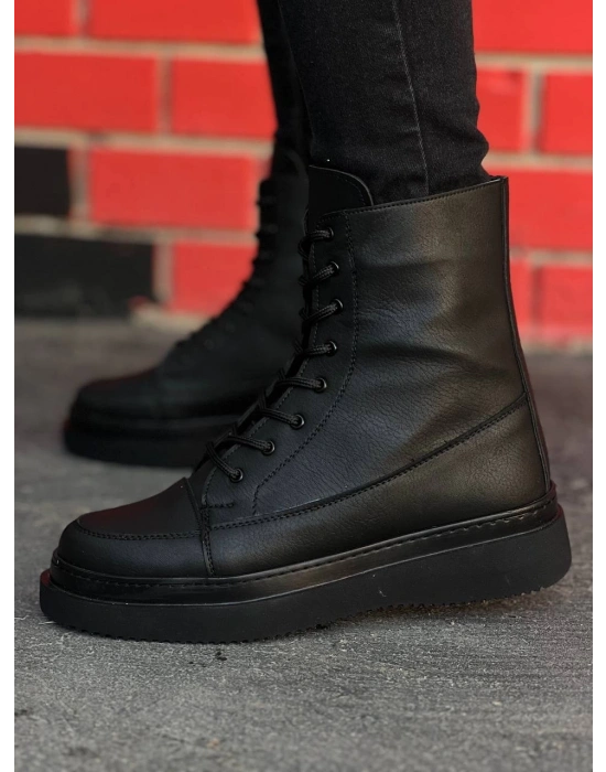 KB-0991  Kuback Siyah Cilt Siyah Yüksek Taban  Bağcıklı  Postal Bot