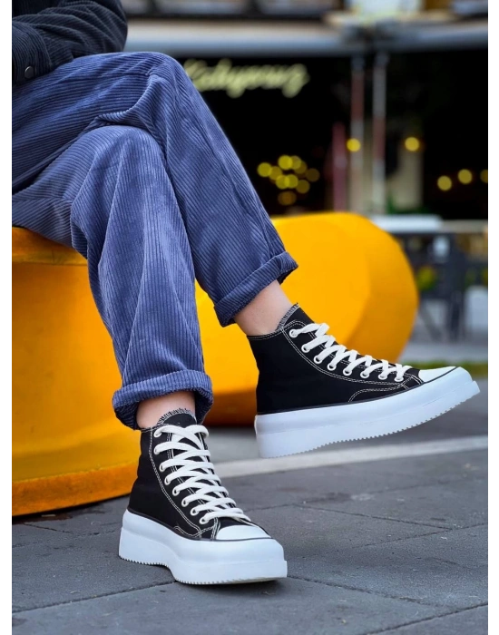 KB-CX-3 Kuback Uzun Siyah Keten Beyaz Yüksek Taban Spor Ayakkabı