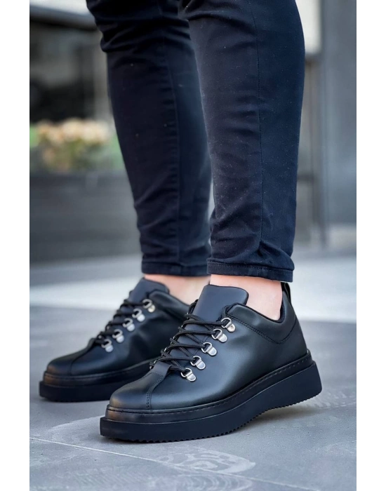 KB-X4  Kuback Siyah Cilt Siyah Yüksek Taban Bağcıklı Günlük Erkek Ayakkabı