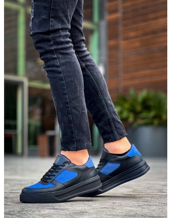 KB-X8 Kuback Siyah Cilt Mavi Süet Detaylı Siyah Yüksek Taban Günlük Spor Ayakkabı