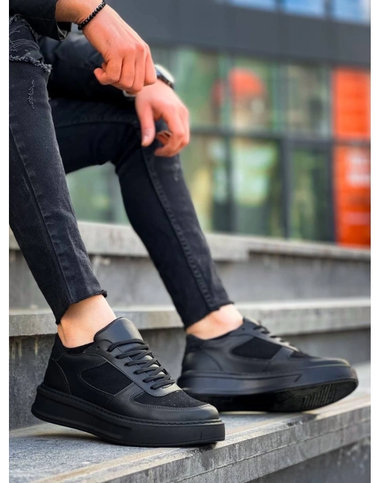 KB-X8 Kuback Siyah Cilt Siyah Süet  Detaylı Siyah Yüksek Taban Günlük Spor Ayakkabı