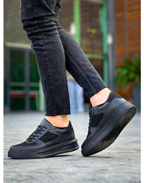 KB-X8 Kuback Siyah Cilt Siyah Süet  Detaylı Siyah Yüksek Taban Günlük Spor Ayakkabı