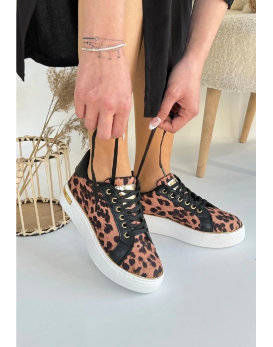 Kity Leopar Saten Bağcıklı Spor Ayakkabı