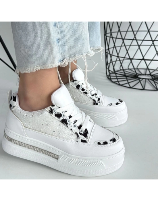 Lawin Beyaz Cilt Beyaz Simli Bağcıklı Spor Ayakkabı