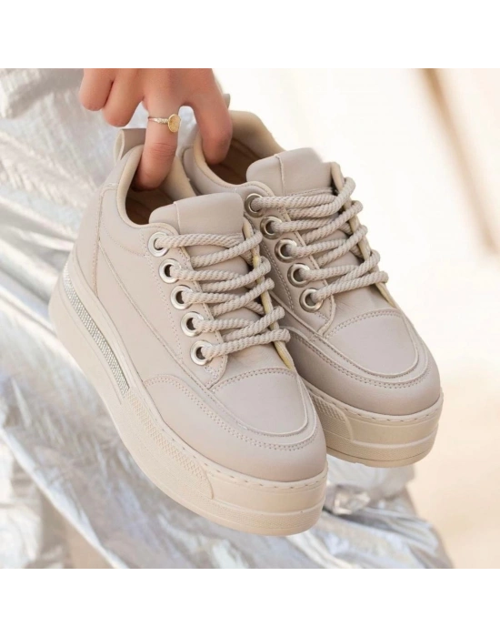 Lulu Bej Cilt Bağcıklı Spor Ayakkabı