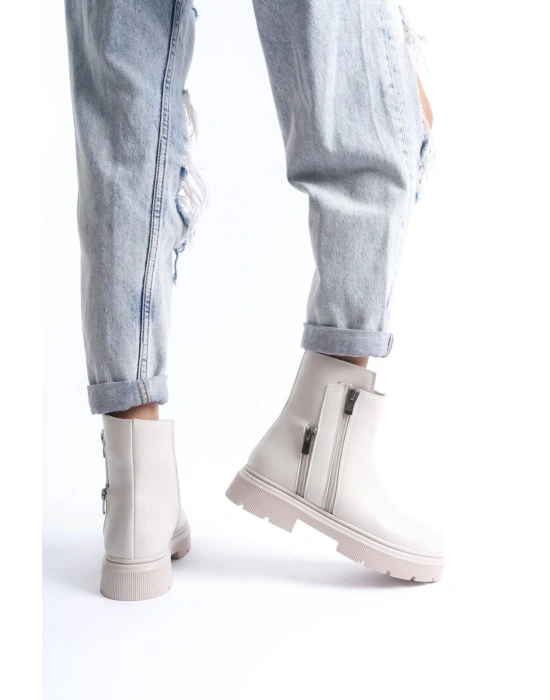 Menta Bej Cilt Fermuar Aksesuarlı Bot