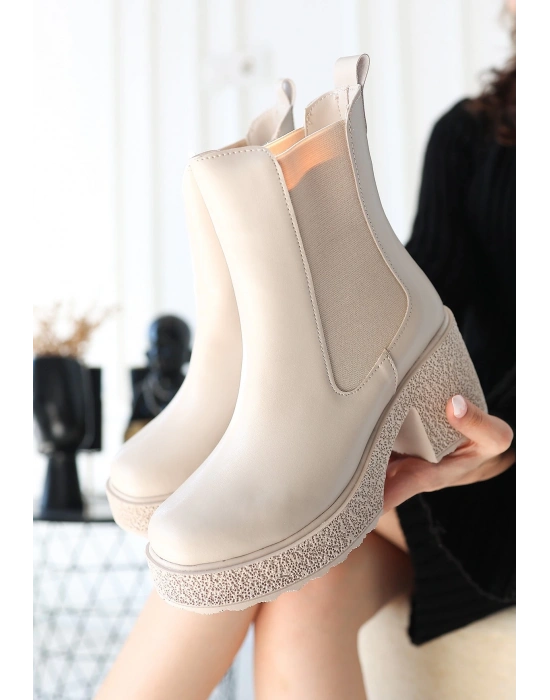 Paigo Bej Cilt Topuklu Bot