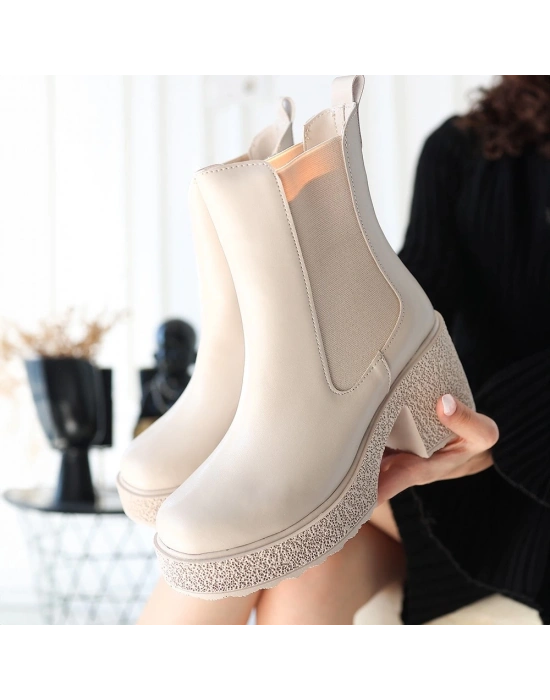 Paigo Bej Cilt Topuklu Bot